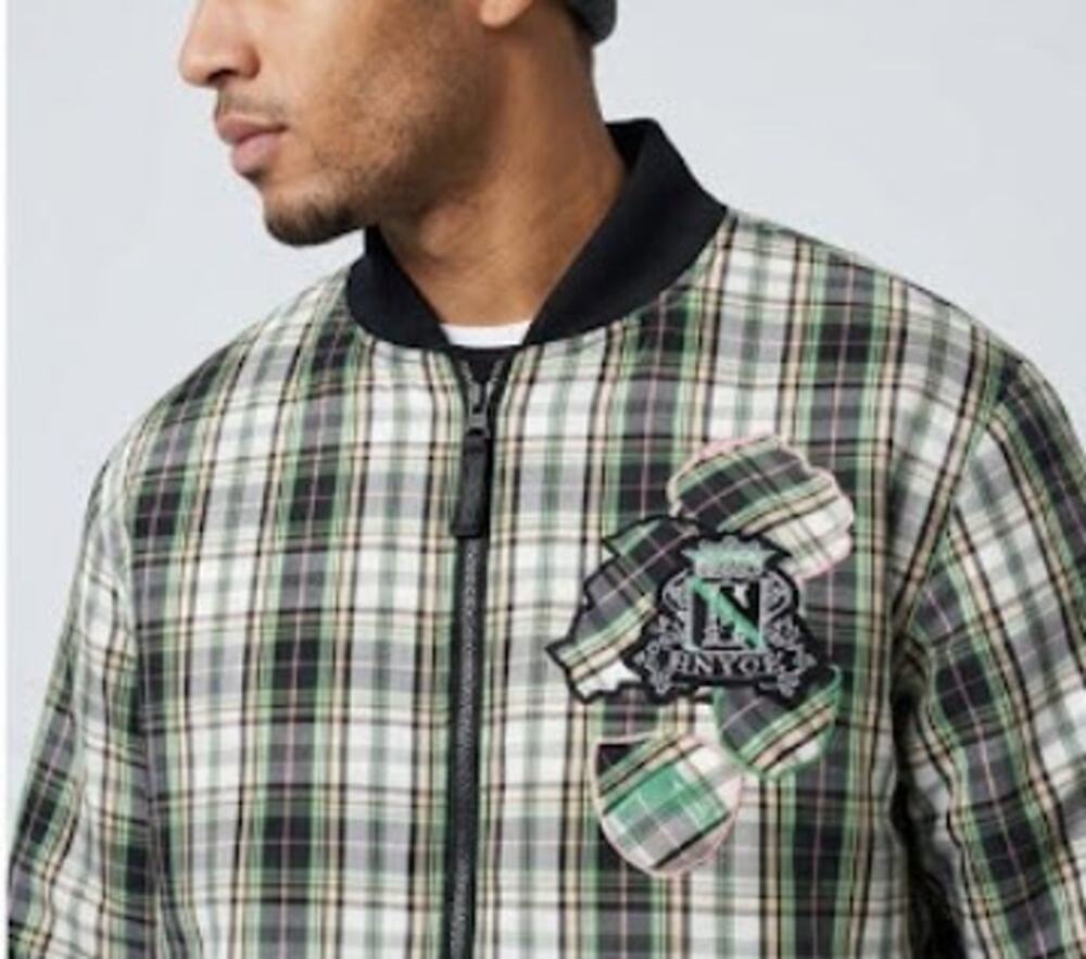 Vintage ENYCE Men's Reversible Bomber Jacket Green Plaid Monogram Y2K Pelle